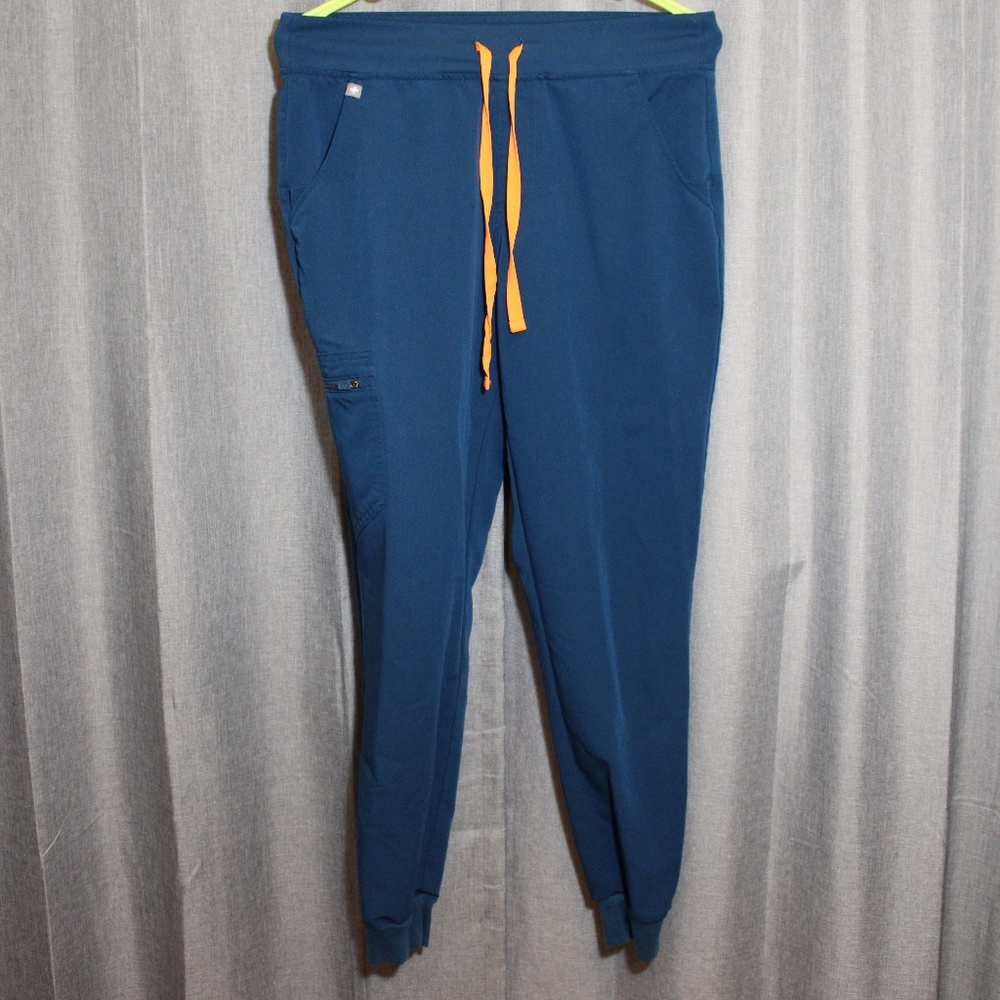 Figs scrubs joggers blue with a orange draw string, size small